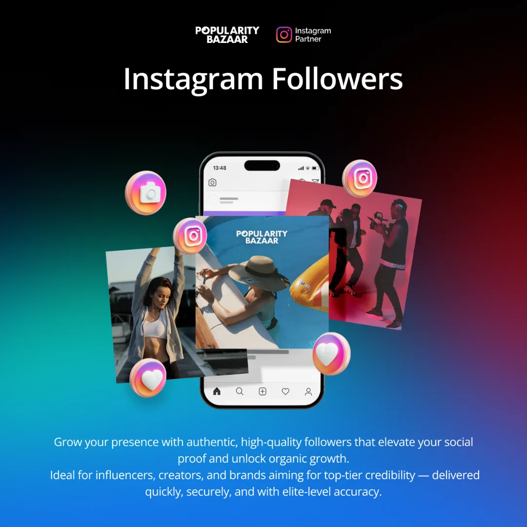 Imagem promocional para o serviço de seguidores do Instagram da PopularityBazaar, com imagens vibrantes de criadores, interface de utilizador móvel e ícones flutuantes do Instagram sobre um fundo gradiente.
