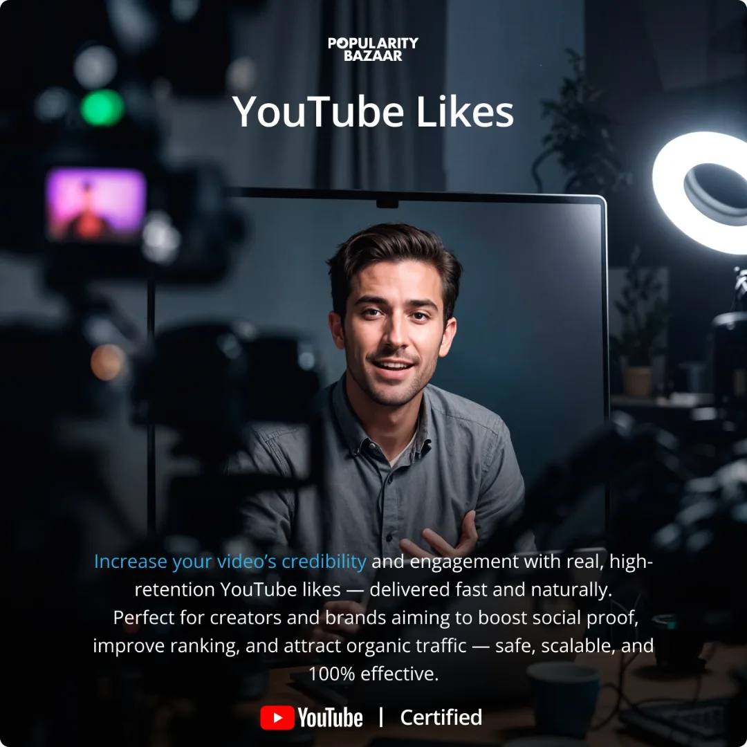 Content creator recording video with YouTube Likes promotion banner from PopularityBazaar