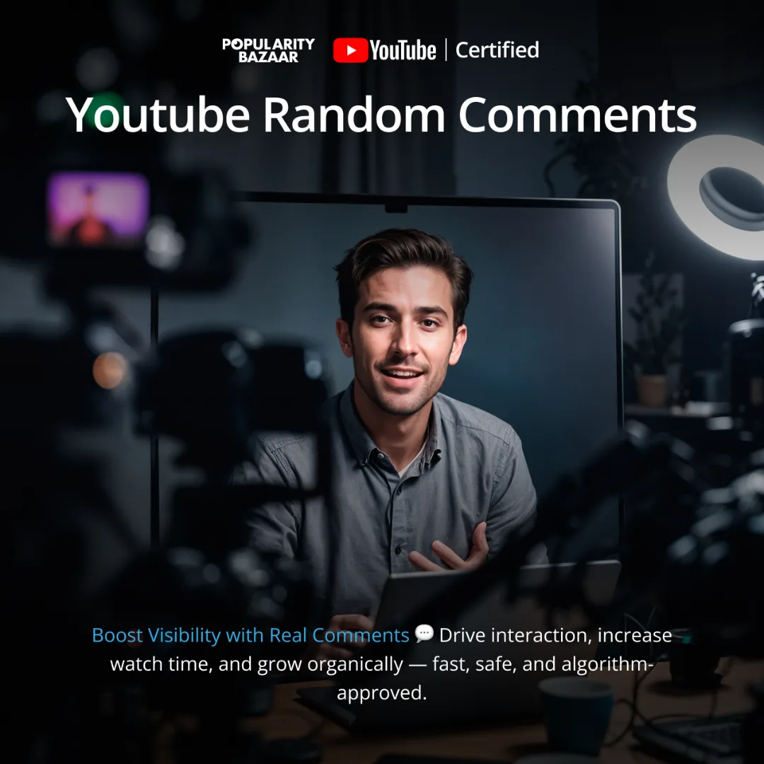 A man sits in a studio with pro lighting and cameras, speaking to the camera. Text reads: YouTube Random Comments. Increase engagement and grow your channel with real YouTube Random Comments.