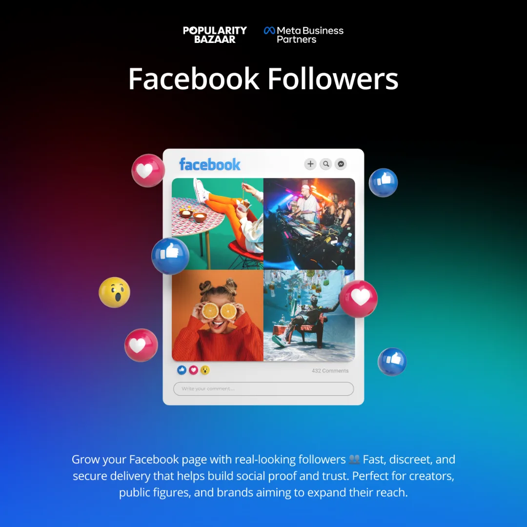 Une maquette de post Facebook avec des photos vibrantes et des icônes de réaction flotte sur un fond dégradé. Le texte promeut l'augmentation du nombre de followers Facebook pour les créateurs et les marques, en mettant l'accent sur la livraison sécurisée de followers authentiques. Produit : Followers Facebook.