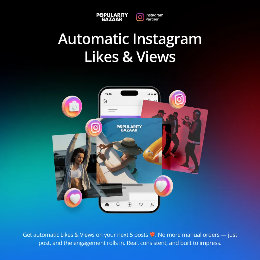 Una imagen promocional de Automatic Instagram Likes & Views muestra un teléfono con una publicación de Instagram, rodeado de fotos de creadores de contenido, además de iconos de me gusta e Instagram que destacan el servicio para aumentar los me gusta y las visualizaciones automáticas.