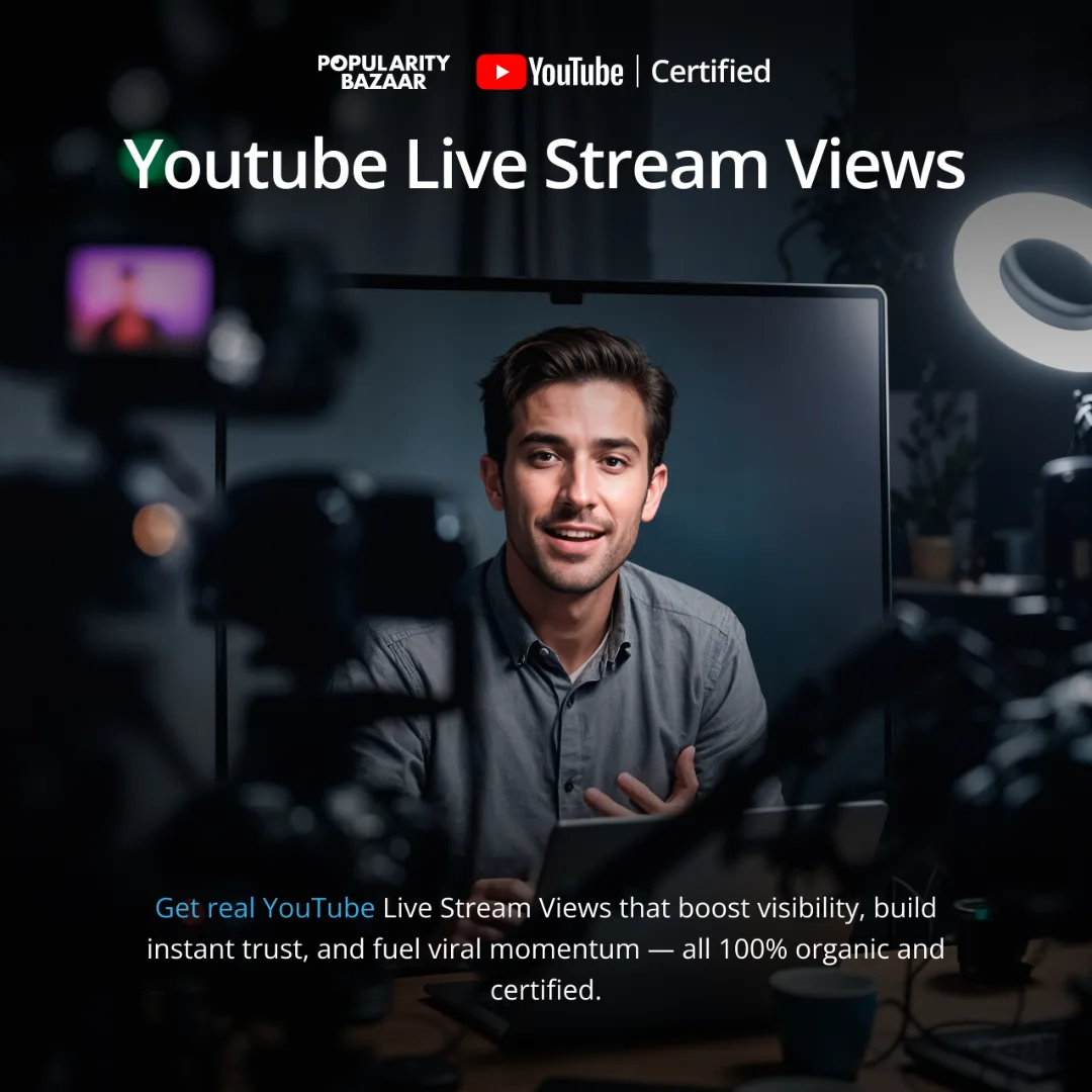 A man sits at a desk with pro video gear. Text: Boost your Youtube Live Stream—get 100% organic and certified views with Youtube Live Stream Views for your next stream.