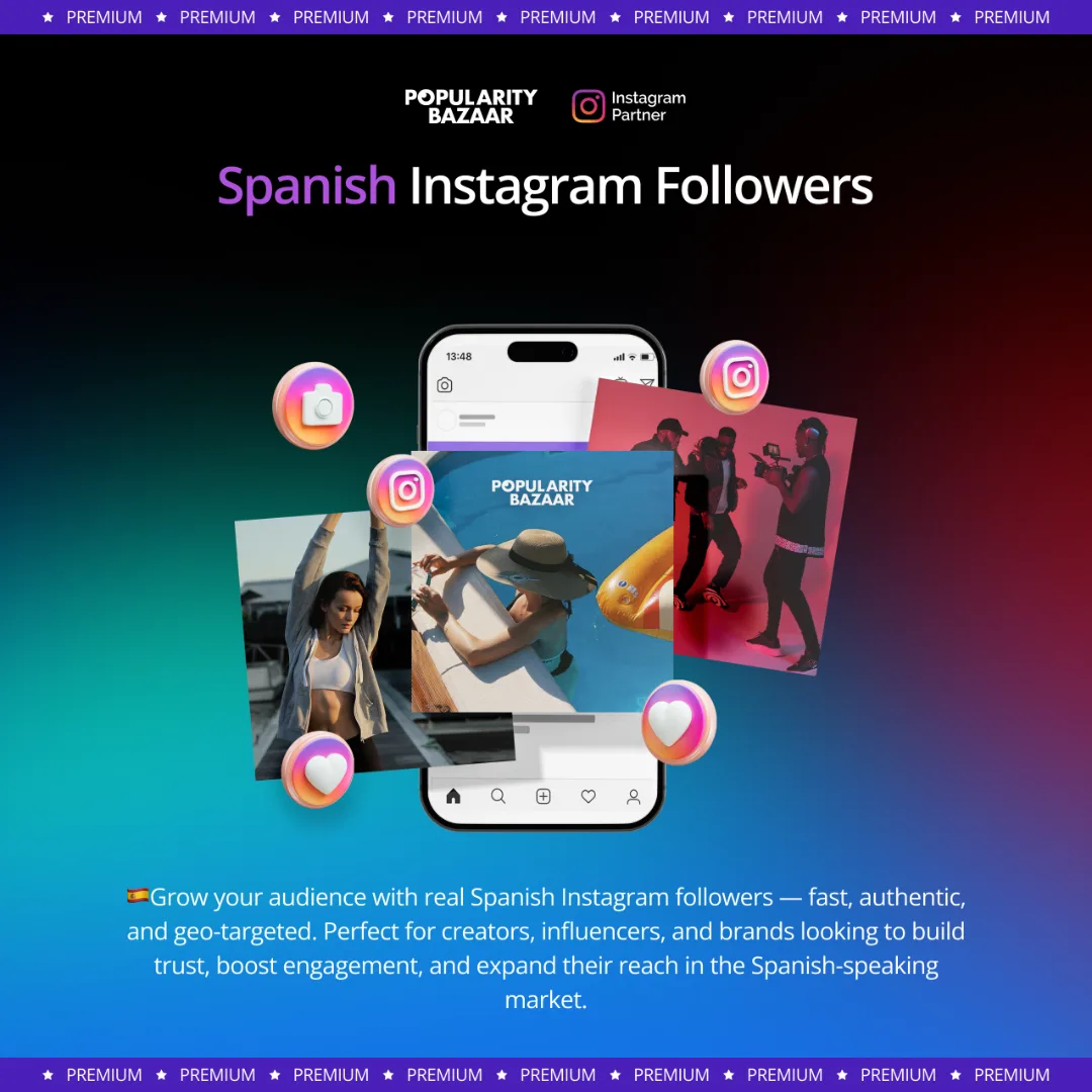Un graphique promotionnel pour Spanish Instagram Followers présente un smartphone affichant un profil Instagram avec des photos et des icônes, soulignant les avantages d'obtenir des followers espagnols réels et ciblés.