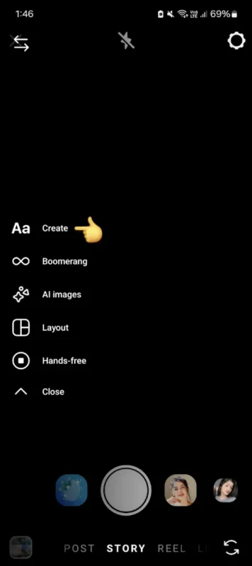 Instagram Story menu with Create option highlighted