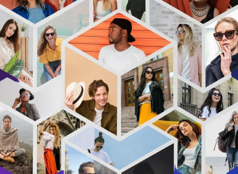 Mosaic of many social-media profile photos forming a community grid.