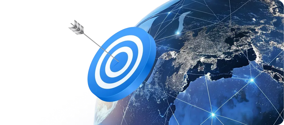 Alvo digital com uma seta a atingir a Terra, simbolizando o marketing do YouTube específico para uma região