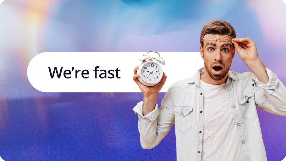 Excited man holding a clock, representing fast delivery
