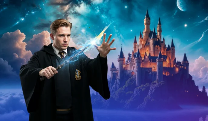 Man in wizard robes casting a glowing spell with a wand in front of a magical castle at night.