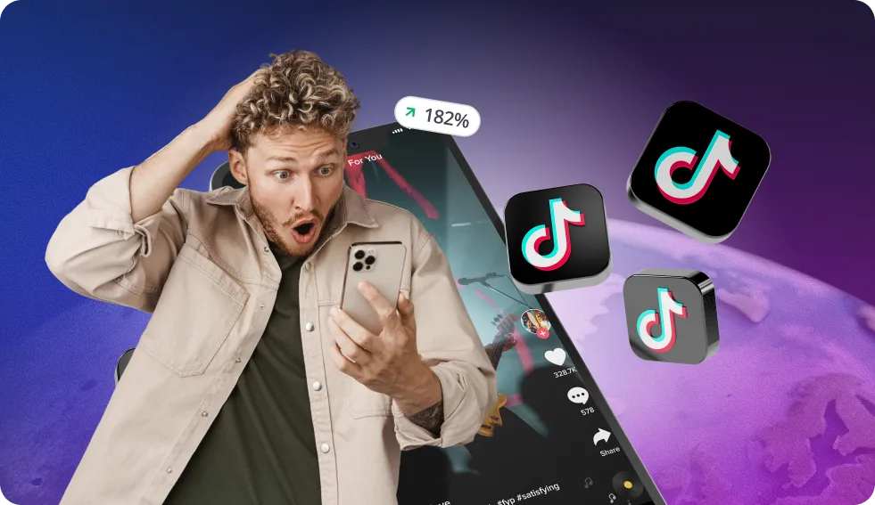Excited man checking phone with TikTok icons and growth stat