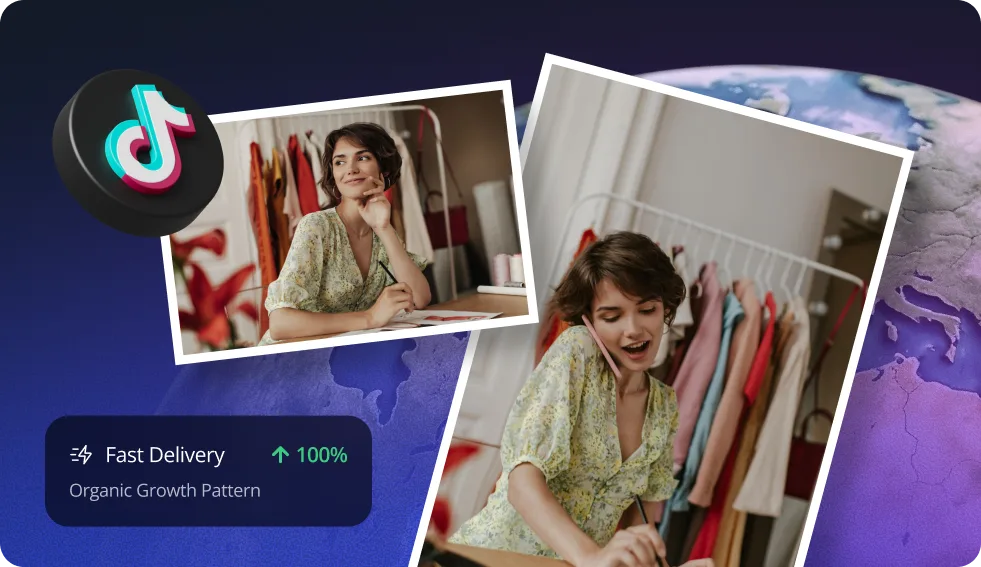 Collage of a woman filming TikTok clips with badge “Fast Delivery”