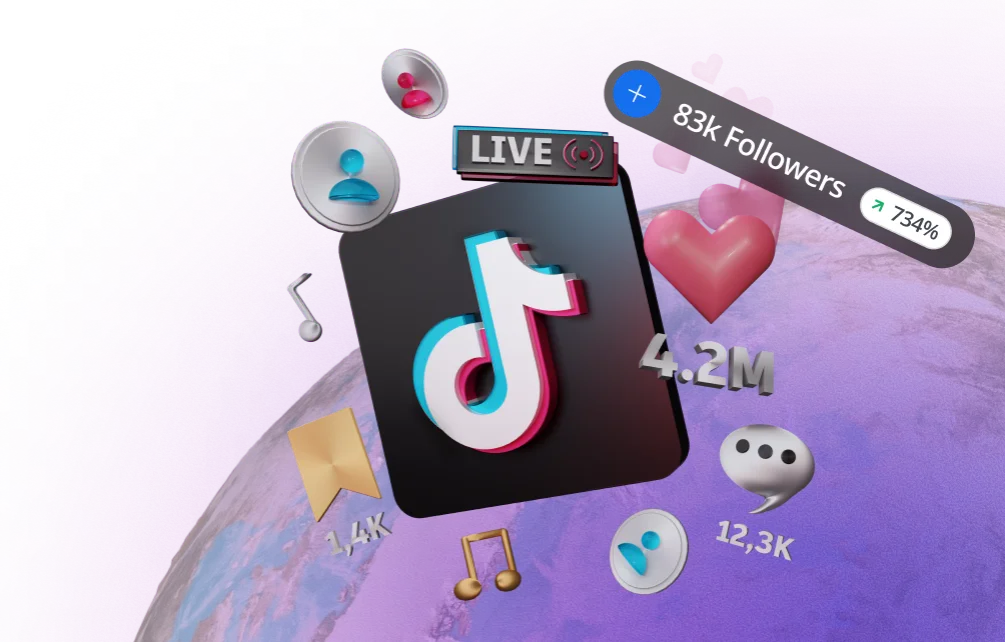 TikTok 3D logo with follower growth icons and badge showing 83k followers increasing