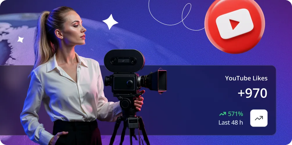 Female vlogger holding a professional camera with YouTube branding and engagement statistics