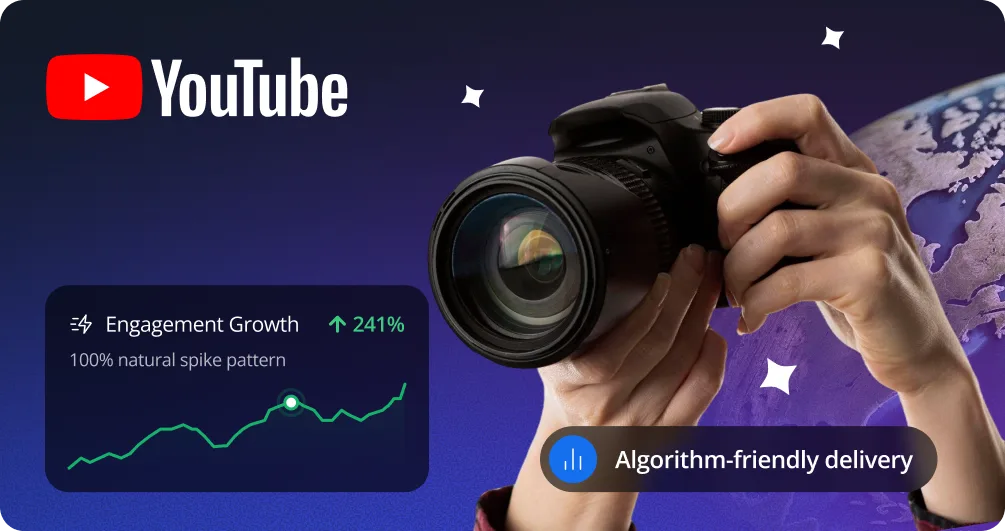 Close-up of hands holding a DSLR camera with YouTube branding and engagement growth graph
