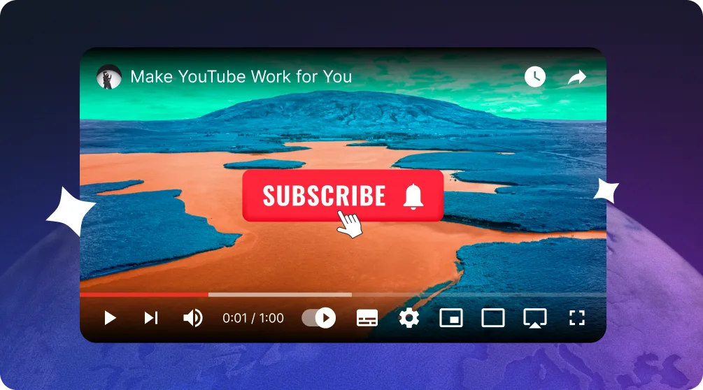 YouTube video player mockup with large red subscribe button overlay