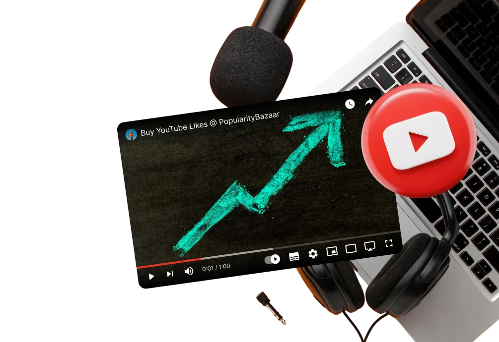 YouTube growth concept with upward arrow video thumbnail and content creation tools