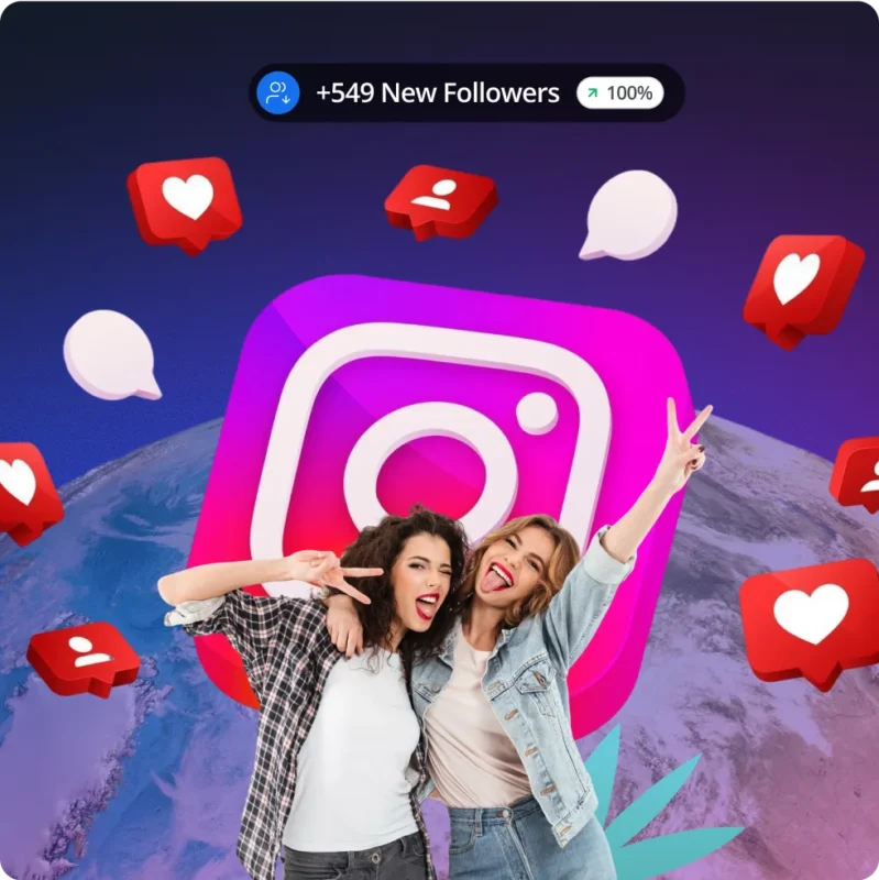 Duas jovens felizes posam em frente a um logótipo gigante do Instagram enquanto aparece um emblema "+549 novos seguidores", ilustrando a entrega rápida de seguidores reais do Instagram por parte do PopularityBazaar.
