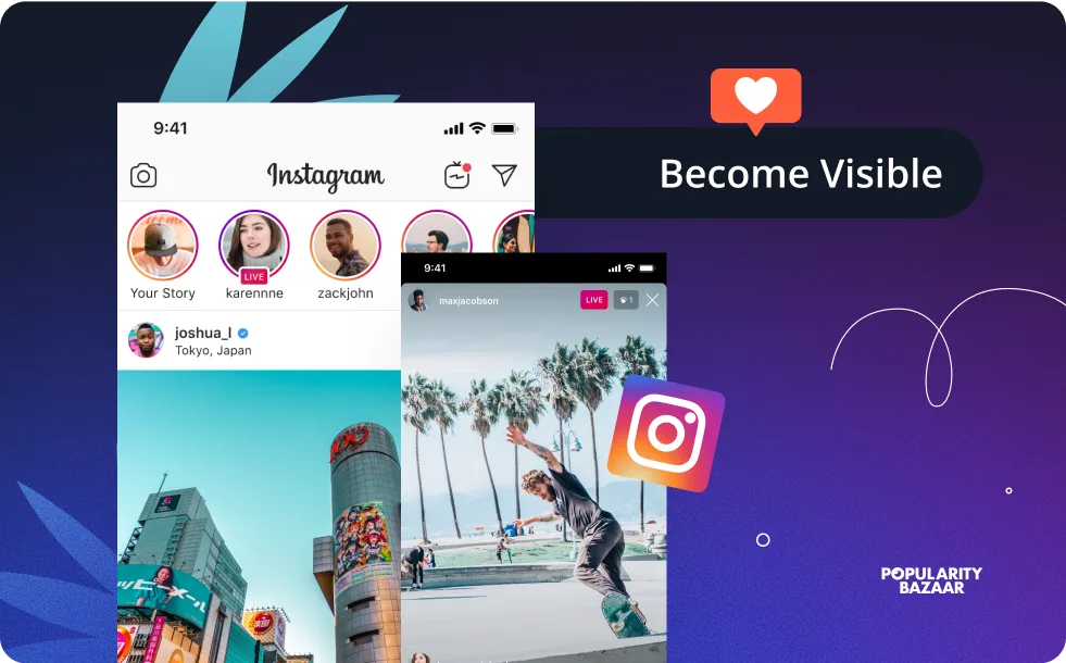 Colagem da interface do Instagram com um ícone de coração e a faixa "Tornar-se visível", ilustrando a PopularityBazaar a ajudar os criadores a destacarem-se através da adição de seguidores reais.