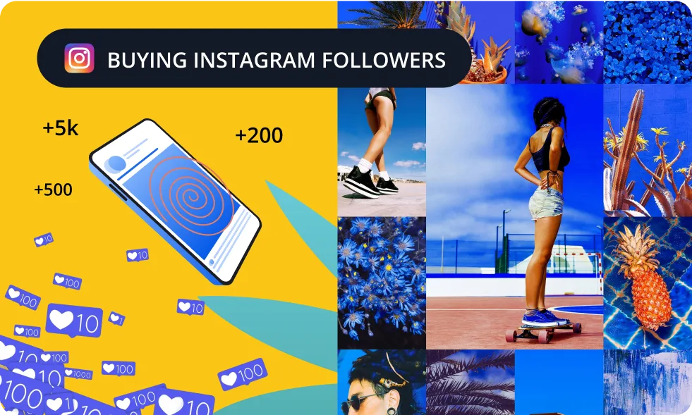 Gráfico de smartphone que mostra os aumentos de +5k e +200 seguidores sobre uma colagem colorida, destacando os pacotes de seguidores do Instagram de crescimento rápido do PopularityBazaar.