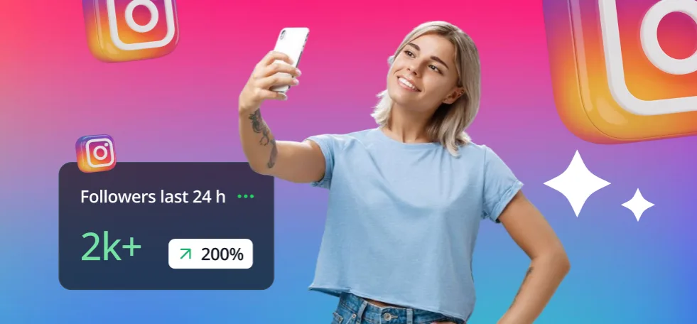 Banner de apelo à ação com o logótipo PopularityBazaar e texto que convida os leitores a explorar as cinco principais vantagens de comprar seguidores no Instagram, ao lado de uma mulher sorridente a tirar uma selfie e de um gráfico que mostra "2 k+ seguidores, 200 % de crescimento".