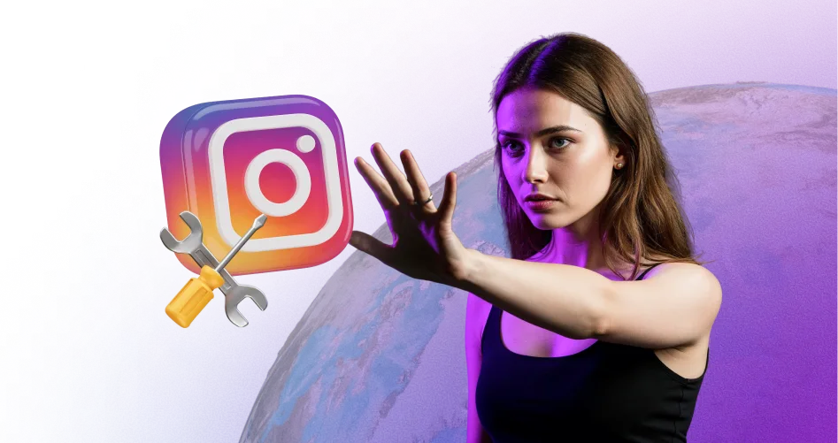 Uma jovem concentrada estende a mão para um logótipo brilhante do Instagram sobreposto a ícones de chave inglesa e de chave de fendas, que simbolizam ferramentas para obter envolvimento e gostos autênticos.