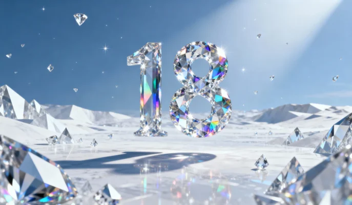 Shiny diamond number 18 surrounded by floating crystals on a reflective icy surface, symbolizing celebration and elegance.