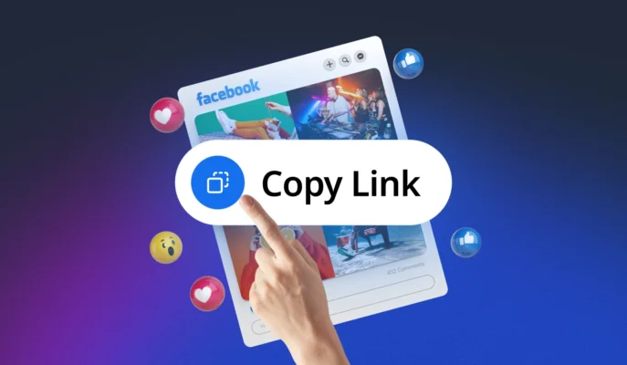 Finger pressing “Copy Link” on a Facebook post interface, surrounded by reaction icons.