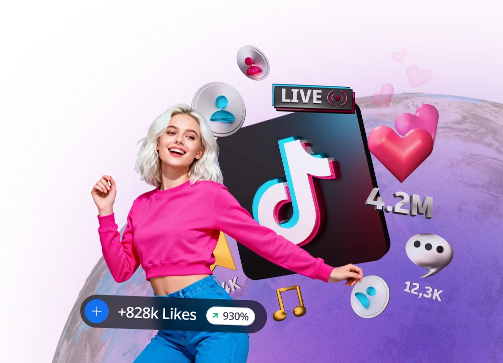 Bannière de fiançailles TikTok avec une femme qui danse et des icônes de fiançailles autour d'elle.