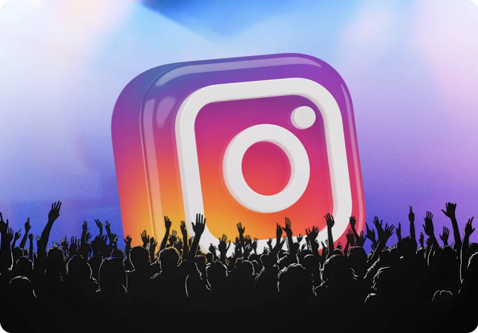 Logo Instagram en 3D au-dessus d'une foule en liesse sous un projecteur.