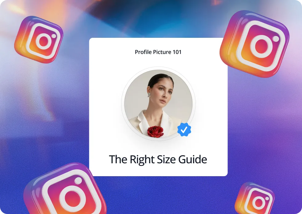 Exemple de photo de profil Instagram avec le visage d'une femme, entouré de logos Instagram flottants.