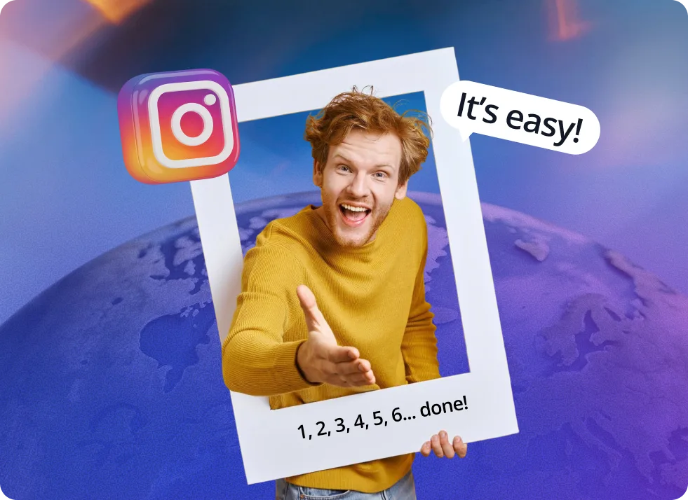 Homme souriant tenant un cadre de profil Instagram géant avec une liste de contrôle, illustrant la facilité d'utilisation.