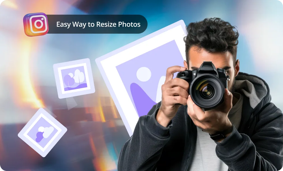 Homme tenant un appareil photo entouré de cadres flottants d'image de profil de style Instagram, illustrant le redimensionnement de photos.