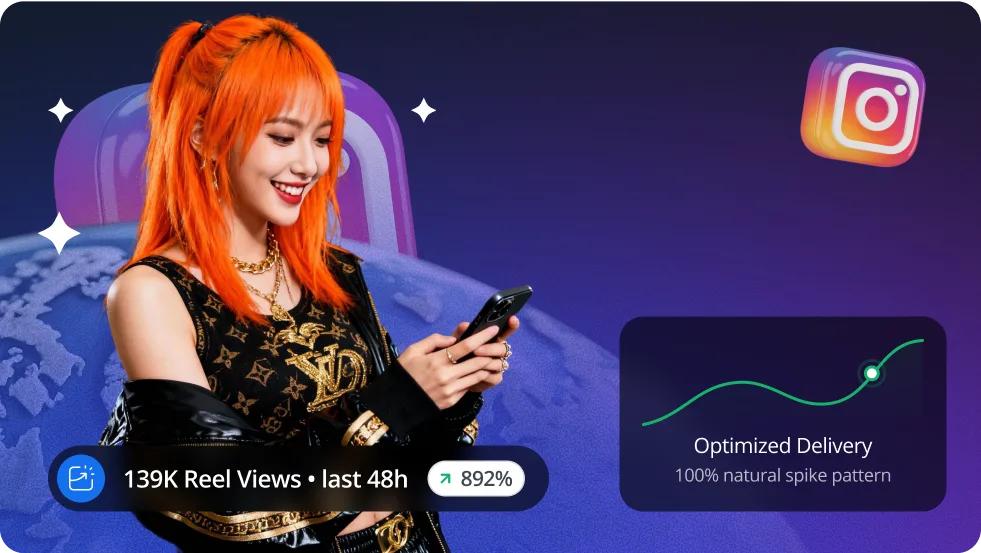 Woman holding a phone with overlay showing Instagram Reel stats and optimized delivery chart