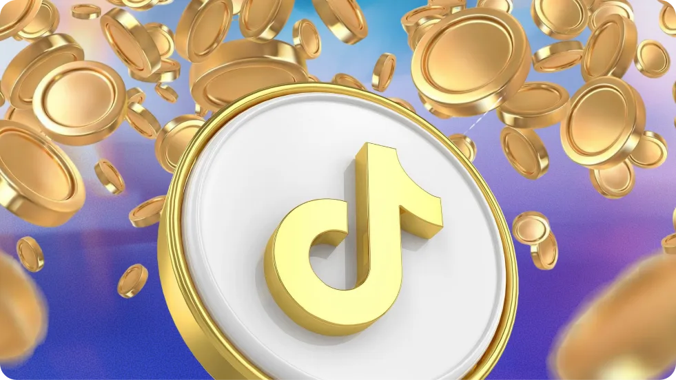 Des pièces d'or TikTok flottant autour d'un logo TikTok lumineux, symbolisant la monnaie numérique et les revenus des créateurs.