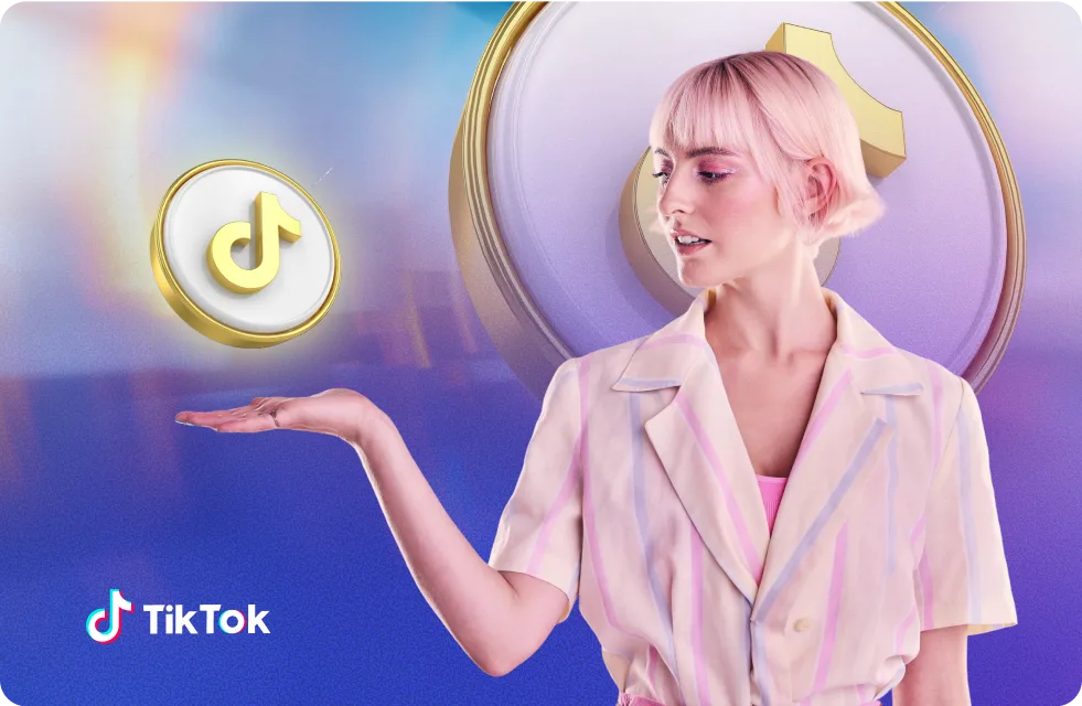 Femme tendant la main vers des pièces TikTok flottantes, représentant les gains numériques des cadeaux TikTok.