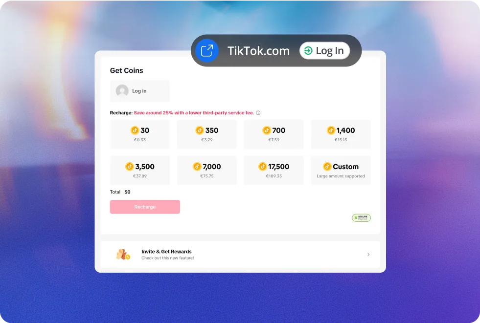 Capture d'écran de l'interface officielle de recharge de pièces de TikTok avec les différentes options de lots de pièces affichées.