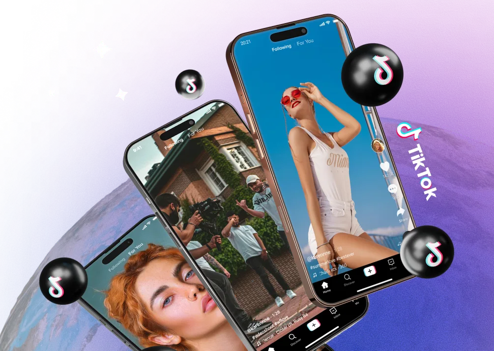 Des smartphones flottants affichant des vidéos TikTok avec des icônes TikTok en 3D, symbolisant l'augmentation de l'engagement et de la croissance.