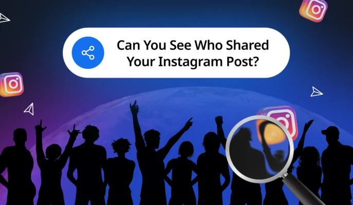 Illustration of people with Instagram logos, a magnifying glass, and a share icon representing the question ‘Can you see who shared your Instagram post?’