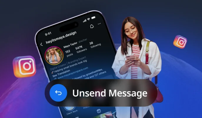 Woman using Instagram on her phone with "Unsend Message" button displayed
