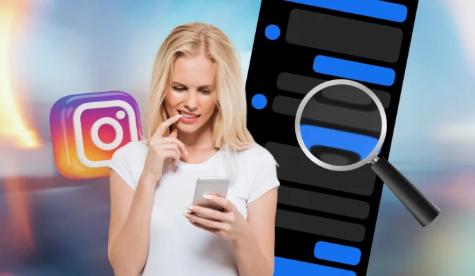 Woman checking Instagram messages while holding smartphone, Instagram logo and chat magnifier in background