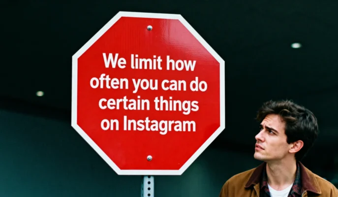 Man looking at a red sign that says “We limit how often you can do certain things on Instagram”