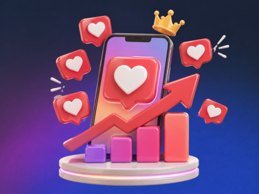 Ilustração em 3D de um smartphone com ícones de corações e uma coroa, rodeado por uma seta ascendente e um gráfico de barras, simbolizando como conseguir mais «gostos» no Instagram e alcançar um crescimento online de forma orgânica.